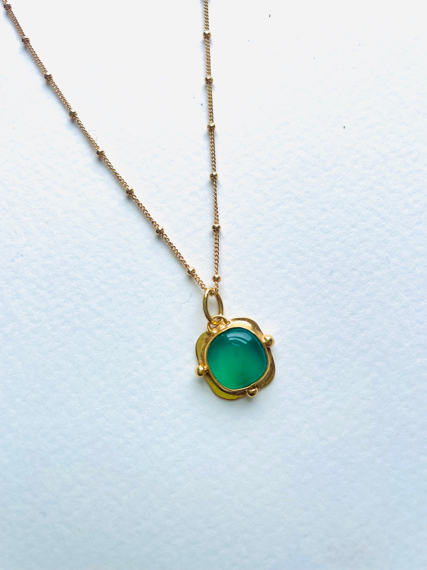 Green Agate square gold vermeil pendant on a gold filled satellite chain
