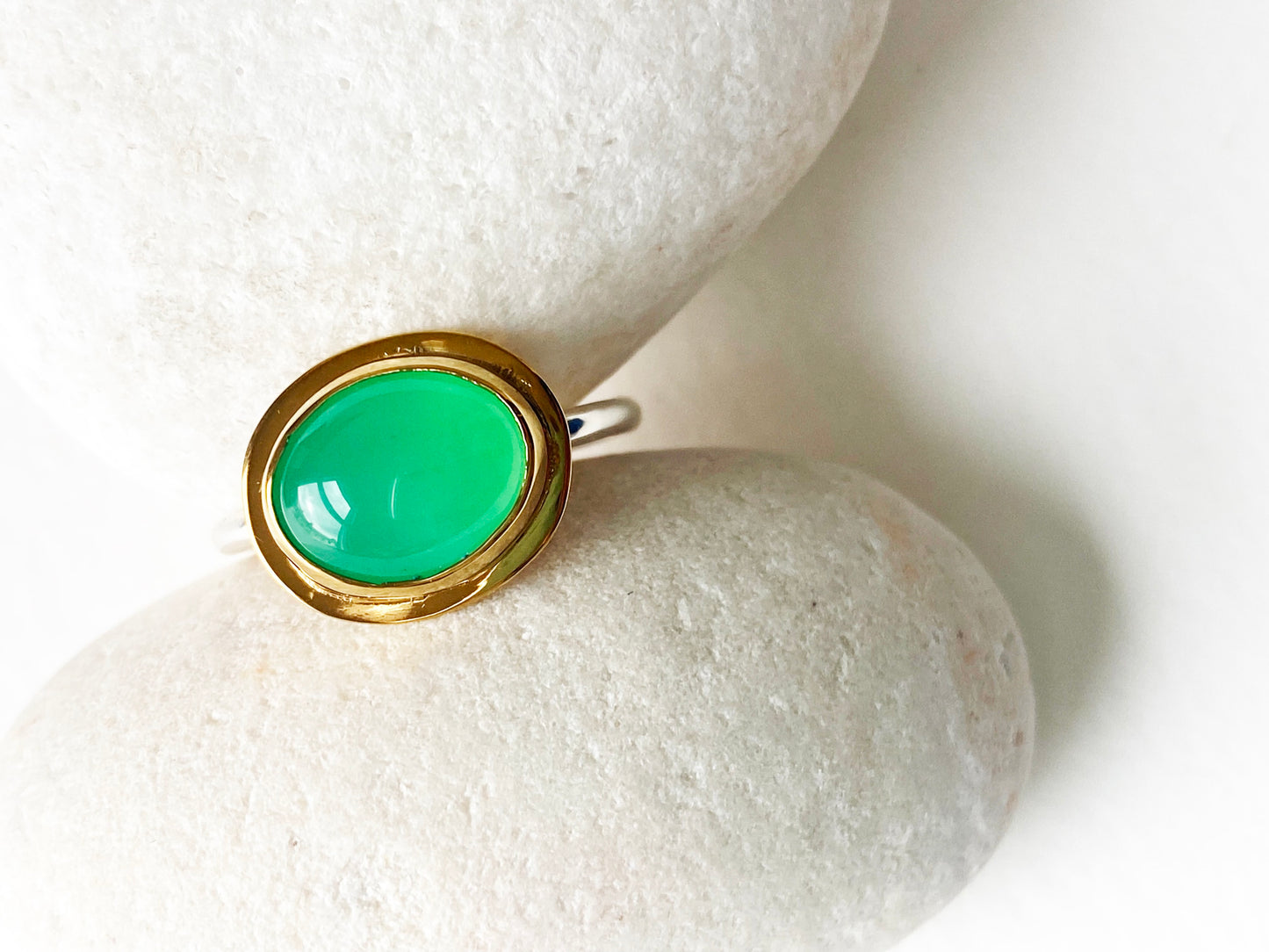 Chrysoprase Ring set in 22 carat gold vermeil and recycled silver